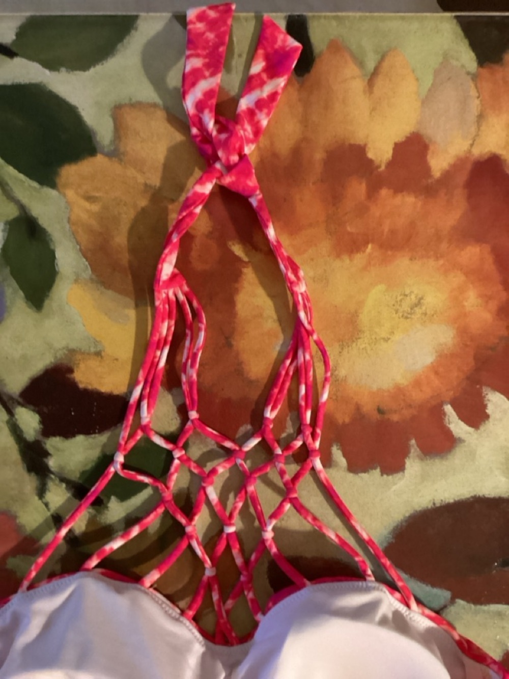 Women’s Pink Tie-Dye Halter Tankini Top with Macramé Neck and Underwire Cups - Picture 6 of 6
